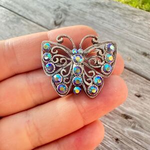 Vintage Jewelry Silver Butterfly Brooch AB rhinestones Aurora borealis butterfly